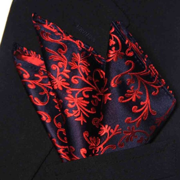 Gascogine Pocket Square Red Navy Blue Flourish Pattern Men's - Picture 2 of 3